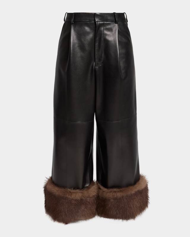 Turn-Up Shiny Leather Wide-Leg Ankle Trousers With Lamb Shearling Cuffs
